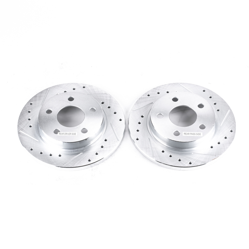 Ford Taurus Brake Rotors (2) - Rear - PowerStop - Evolution Drilled & Slotted Zinc Plated - Silver - `93-`05