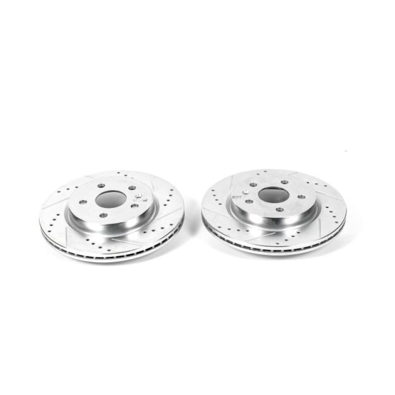 Saab 9-5 Brake Rotors (2) - Rear - PowerStop - Evolution Drilled & Slotted Zinc Plated - Silver - 2011 Saab 9-5 Brake Rotors (2) - Rear - PowerStop - Evolution Drilled & Slotted Zinc Plated - Silver - 2011