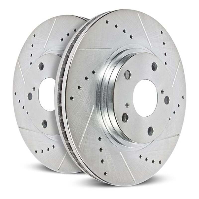 Ford Mustang Mach-E Brake Rotor (2) - Rear - PowerStop - Evolution Drilled & Slotted - Silver - `21-`23 Ford Mustang Mach-E Brake Rotor (2) - Rear - PowerStop - Evolution Drilled & Slotted - Silver - `21-`23