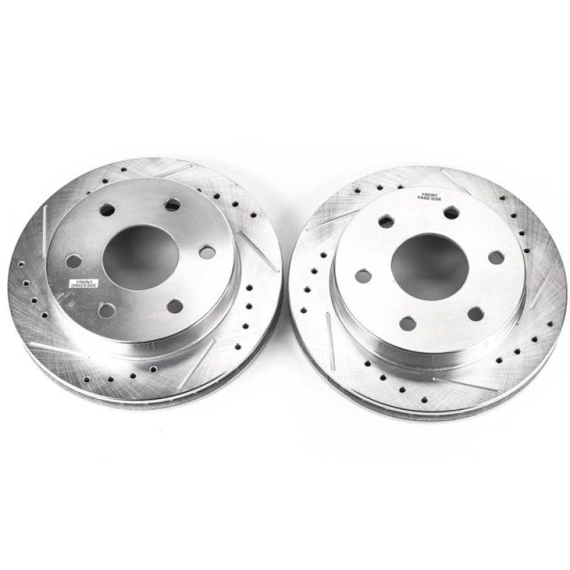 Cadillac Escalade Brake Rotors (2) - Front - PowerStop - Evolution Drilled & Slotted Zinc Plated Rotors - Silver - `99-`00 Cadillac Escalade Brake Rotors (2) - Front - PowerStop - Evolution Drilled & Slotted Zinc Plated Rotors - Silver - `99-`00