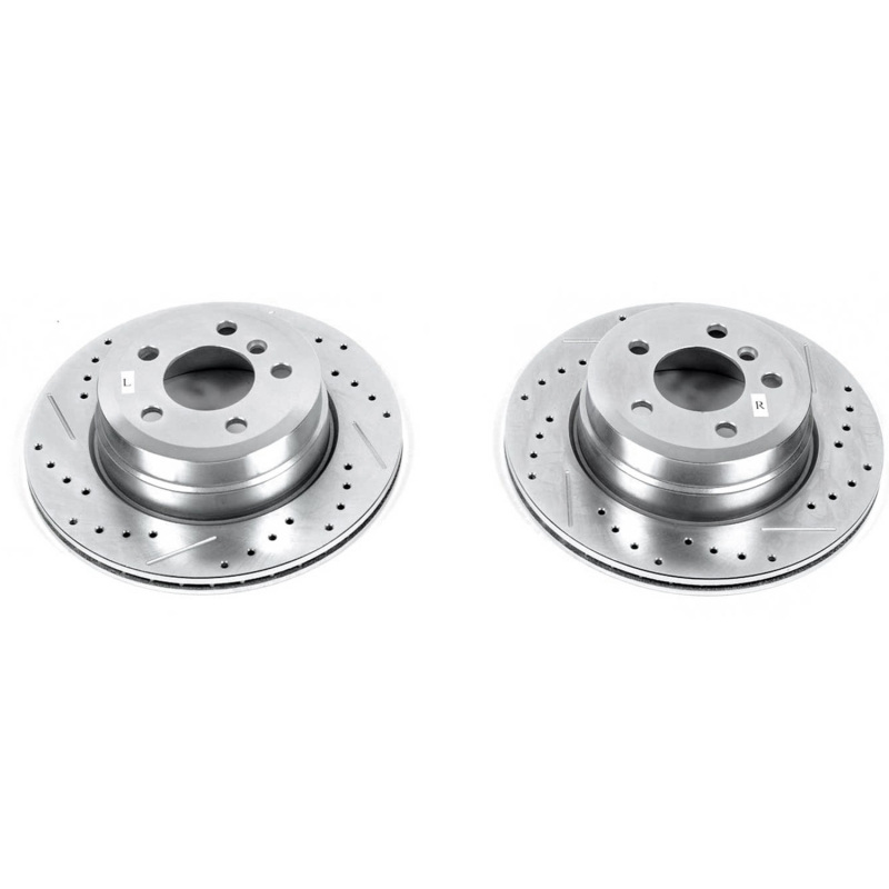 BMW X6 Brake Rotors (2) - Rear - PowerStop - Evolution Drilled & Slotted Zinc Plated Rotors - Silver - `10-`19