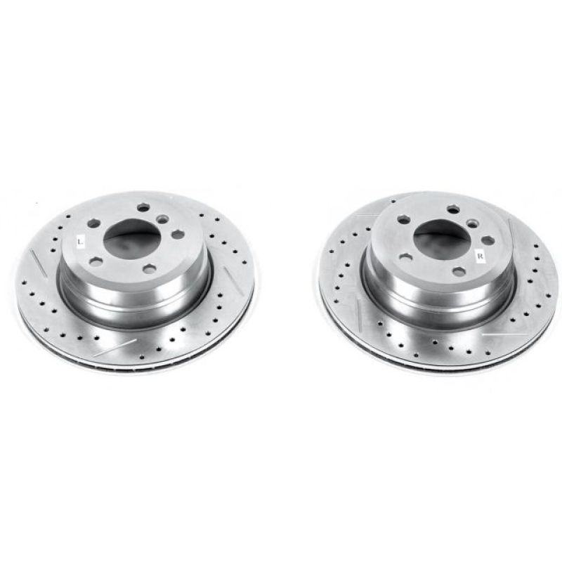 BMW X6 Brake Rotors (2) - Rear - PowerStop - Evolution Drilled & Slotted Zinc Plated Rotors - Silver - `10-`19 BMW X6 Brake Rotors (2) - Rear - PowerStop - Evolution Drilled & Slotted Zinc Plated Rotors - Silver - `10-`19