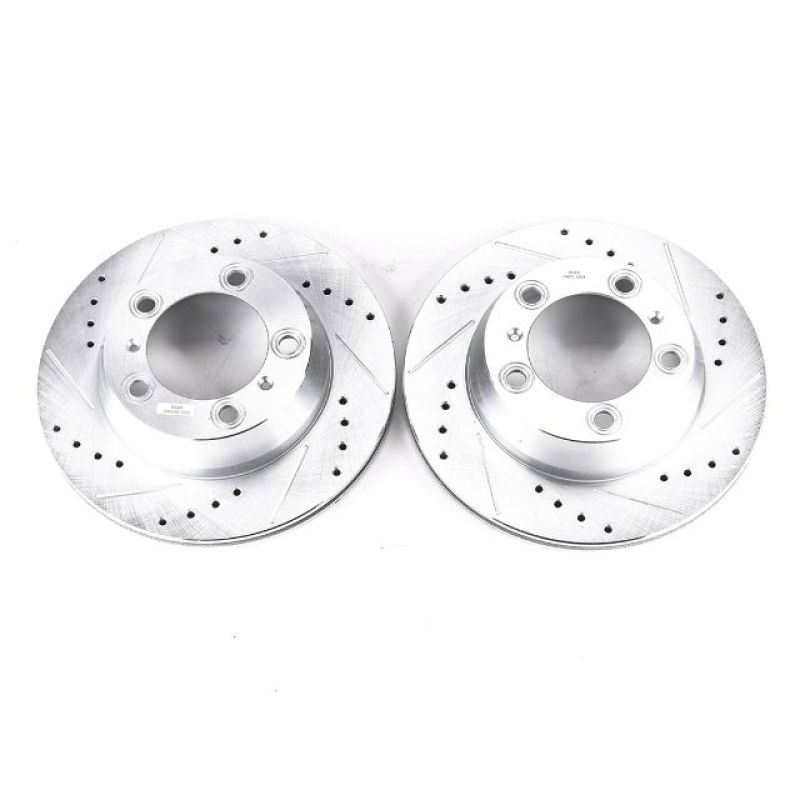 Porsche 718 Boxster Brake Rotors (2) - Rear - PowerStop - Evolution Drilled & Slotted Rotors - Silver - `17-`19