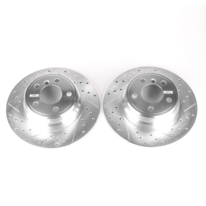 BMW X5 Brake Rotors (2) - Rear - PowerStop - Evolution Drilled & Slotted Zinc Plated - Silver - `00-`06 BMW X5 Brake Rotors (2) - Rear - PowerStop - Evolution Drilled & Slotted Zinc Plated - Silver - `00-`06