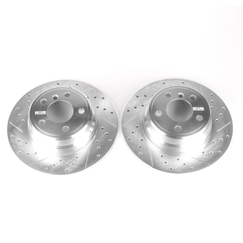 BMW X5 Brake Rotors (2) - Rear - PowerStop - Evolution Drilled & Slotted Zinc Plated - Silver - `00-`06