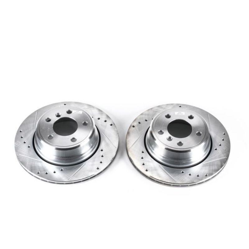 BMW X5 Brake Rotors (2) - Rear - PowerStop - Evolution Drilled & Slotted - Silver Zinc - `02-`06 BMW X5 Brake Rotors (2) - Rear - PowerStop - Evolution Drilled & Slotted - Silver Zinc - `02-`06
