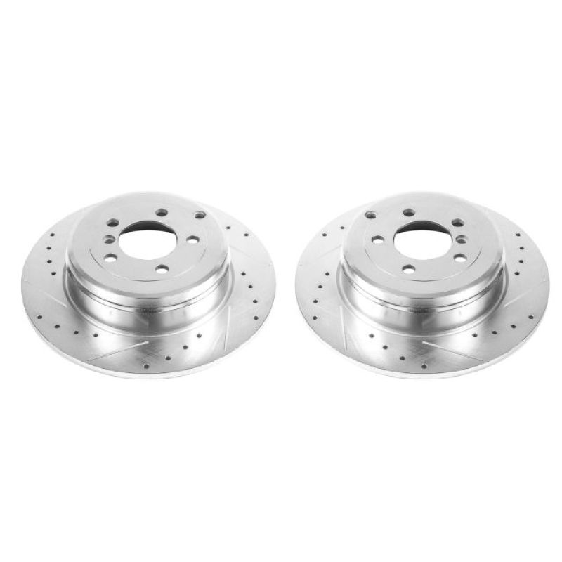 Land Rover Range Rover Brake Rotors (2) - Rear - PowerStop - Evolution Drilled & Slotted, Zinc Plated - Silver - `03-`05 Land Rover Range Rover Brake Rotors (2) - Rear - PowerStop - Evolution Drilled & Slotted, Zinc Plated - Silver - `03-`05