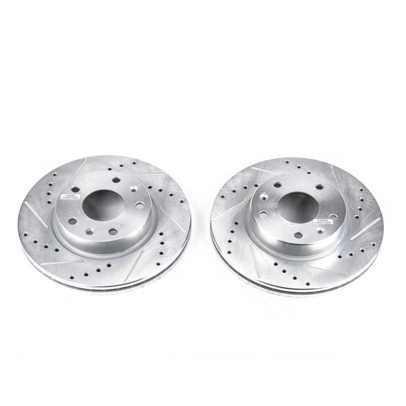 Land Rover Freelander Brake Rotors (2) - Front - PowerStop - Evolution Drilled & Slotted Zinc Plated - Silver - `02-`05
