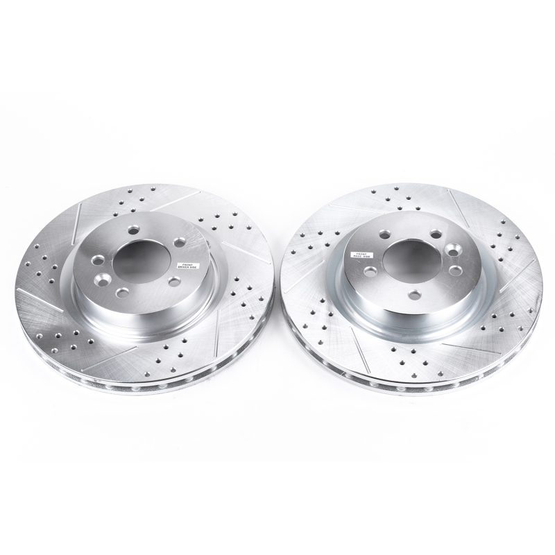 Land Rover Range Rover Sport Brake Rotors (2) - Front - PowerStop - Evolution Drilled & Slotted, Zinc Plated - Silver - `06-`17