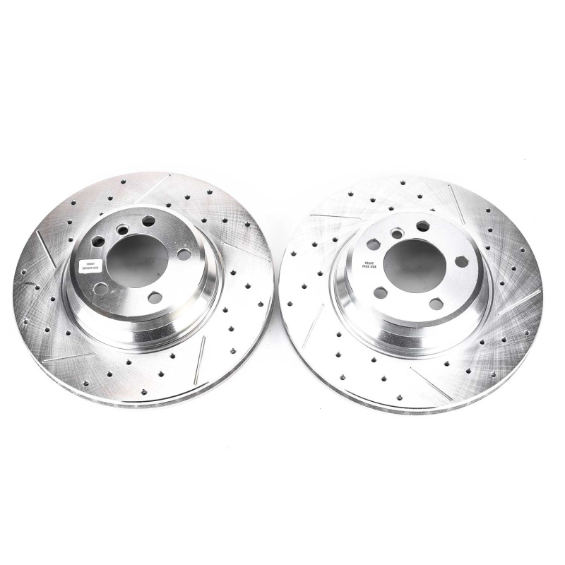 BMW 7 Series Brake Rotors (2) - Front - PowerStop - Evolution Drilled & Slotted Zinc Plated - Silver - `02-`05