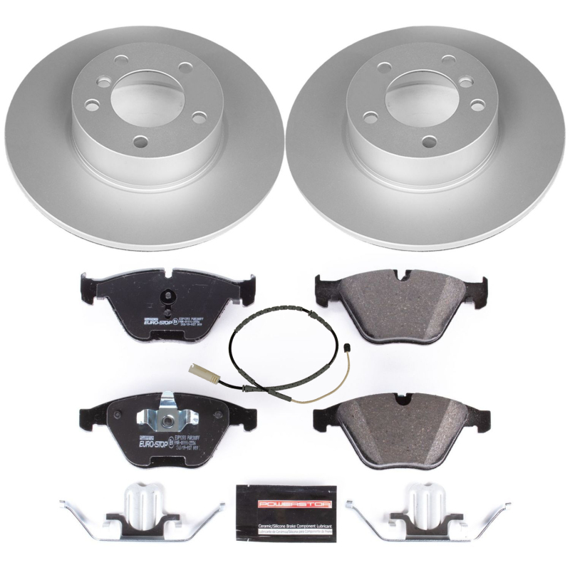BMW 3 Series Brake Kit - Front - PowerStop - Genuine Geomet Coated Rotors + ECE-R90 Certified Pads + Hardware + Pad Sensors - `11-`13