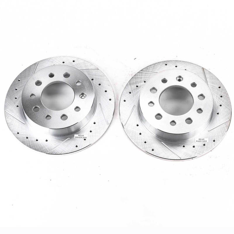 Hyundai Tiburon Brake Rotors (2) - Rear - PowerStop - Evolution Drilled & Slotted - Silver - `03-`08