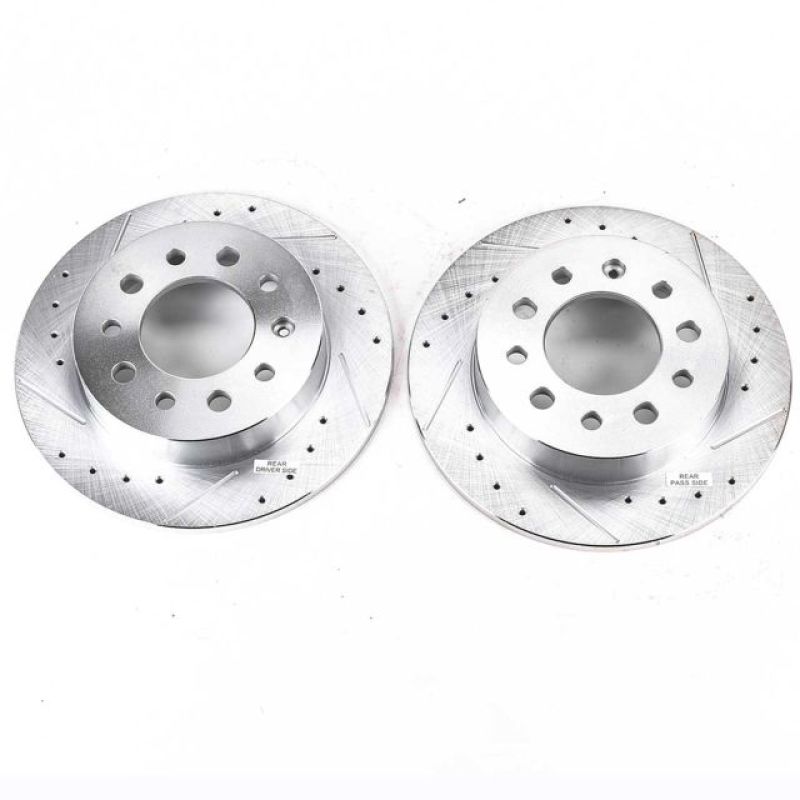 Hyundai Tiburon Brake Rotors (2) - Rear - PowerStop - Evolution Drilled & Slotted - Silver - `03-`08