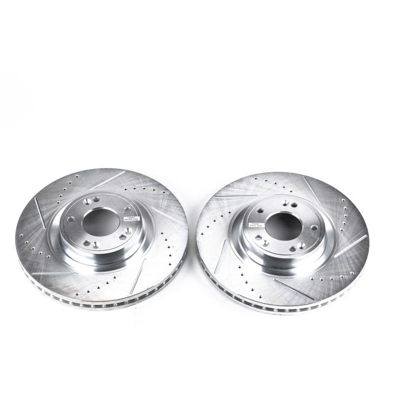 Hyundai Genesis Brake Rotors (2) - Front - PowerStop - Evolution Drilled & Slotted - Silver - `09-`14