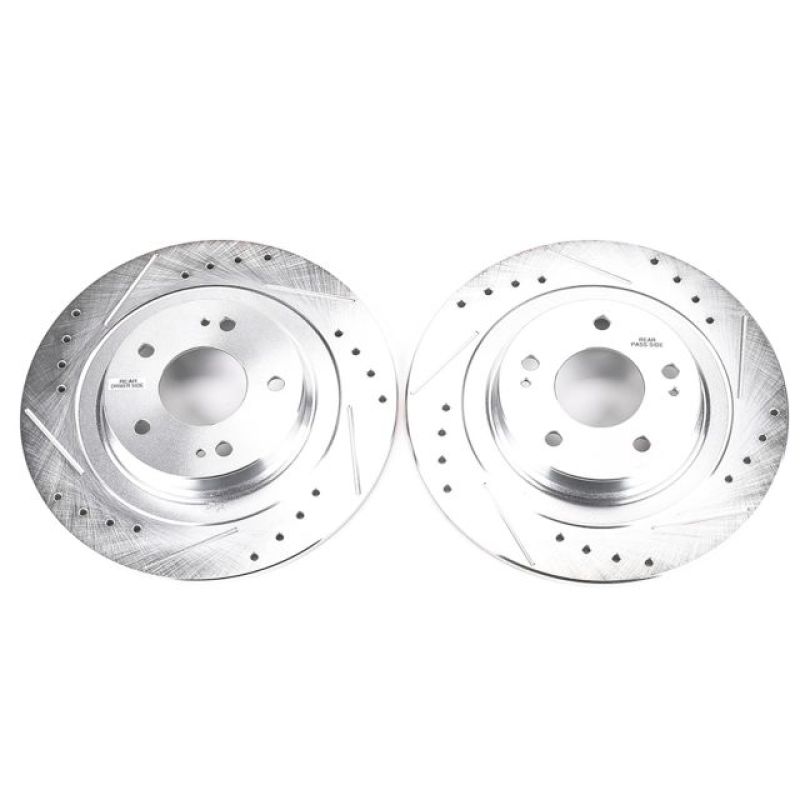 Mitsubishi Eclipse Cross Brake Rotor (2) - Rear - PowerStop - Evolution Drilled & Slotted Zinc Plated Rotors - Silver - 2018 Mitsubishi Eclipse Cross Brake Rotor (2) - Rear - PowerStop - Evolution Drilled & Slotted Zinc Plated Rotors - Silver - 2018