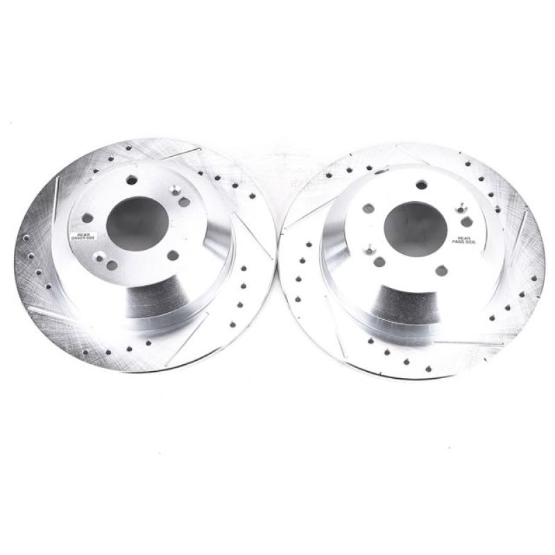 Hyundai Santa Fe XL Brake Rotors (2) - Rear - PowerStop - Evolution Drilled & Slotted - Silver - 2019 Hyundai Santa Fe XL Brake Rotors (2) - Rear - PowerStop - Evolution Drilled & Slotted - Silver - 2019