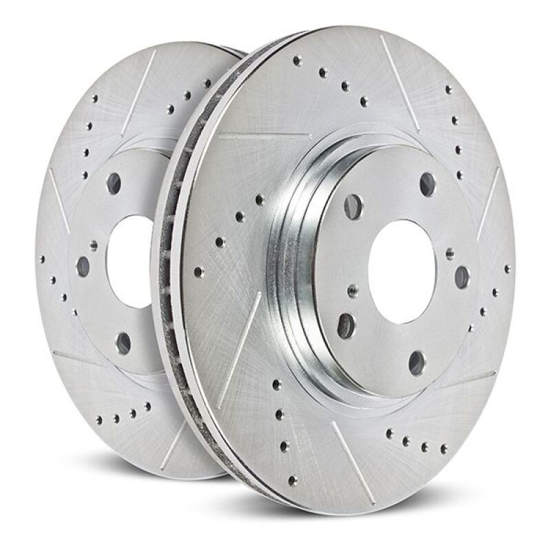 Toyota Sequoia Brake Rotors (2) - Front - PowerStop - Drilled & Slotted Zinc Plated - Silver - `23-`24