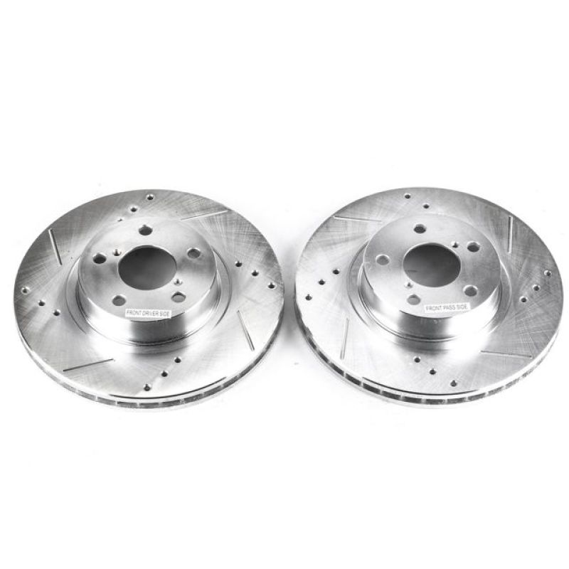Subaru Impreza Brake Rotor (2) - Front - PowerStop - Evolution Drilled & Slotted Zinc Plated Rotors - Silver - `98-`16 Subaru Impreza Brake Rotor (2) - Front - PowerStop - Evolution Drilled & Slotted Zinc Plated Rotors - Silver - `98-`16
