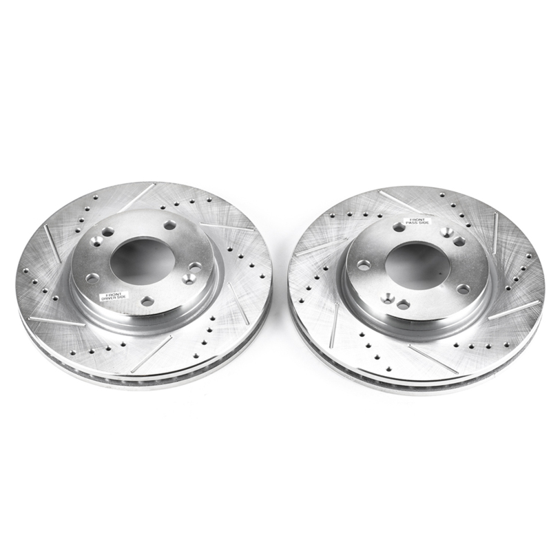 Hyundai Santa Fe Brake Rotors (2) - Front - PowerStop - Evolution Drilled & Slotted - Silver - `01-`05