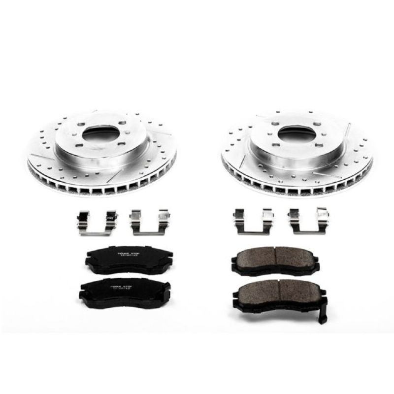 Mitsubishi Mirage Brake Kit - Front - PowerStop - Drilled & Slotted Rotors + Carbon-Fiber Ceramic Pads - `98-`02 Mitsubishi Mirage Brake Kit - Front - PowerStop - Drilled & Slotted Rotors + Carbon-Fiber Ceramic Pads - `98-`02