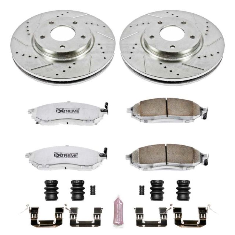 Infiniti M45 Brake Kit - Front - PowerStop - Drilled & Slotted Rotors + Carbon-Fiber Ceramic Pads - `03-`04
