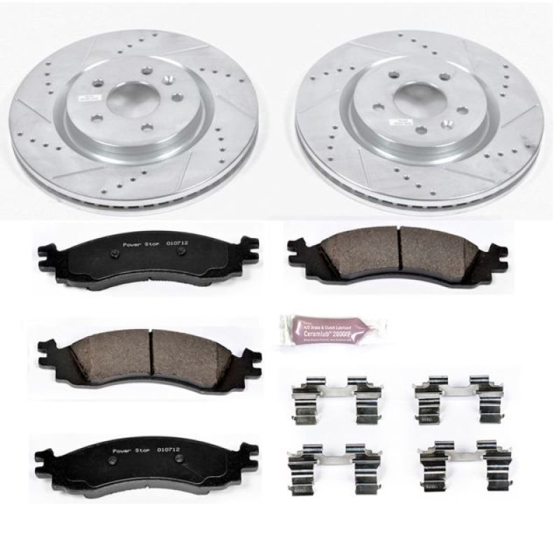Ford Taurus Brake Kit - Front - PowerStop - Z23 Evolution Sport + Drilled & Slotted Rotors + Carbon-Fiber Ceramic Pads - `11-`12
