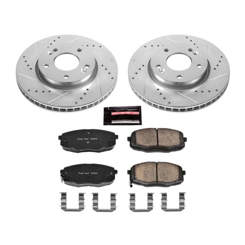 Kia Forte Brake Kit - Front - PowerStop - Z23 Evolution Sport + Drilled & Slotted Rotors + Carbon-Fiber Ceramic Pads - `10-`13