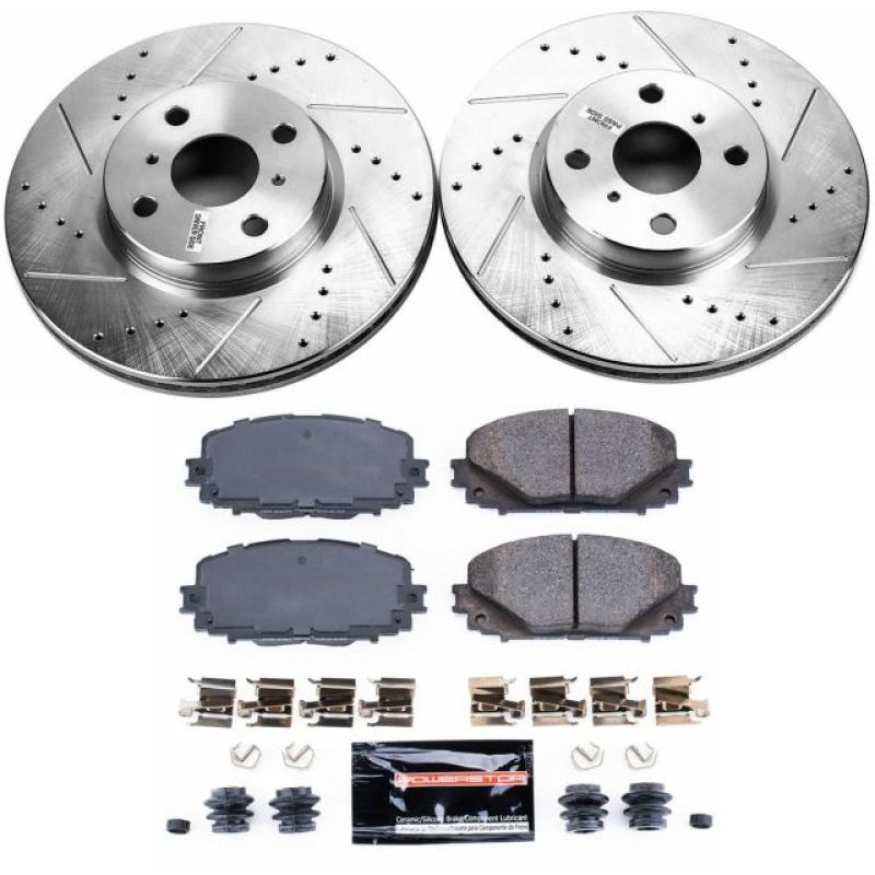 Toyota Yaris Brake Kit - Front - PowerStop - Z23 Evolution Sport, Drilled & Slotted Rotors + Carbon-Fiber Ceramic Pads - `12-`18