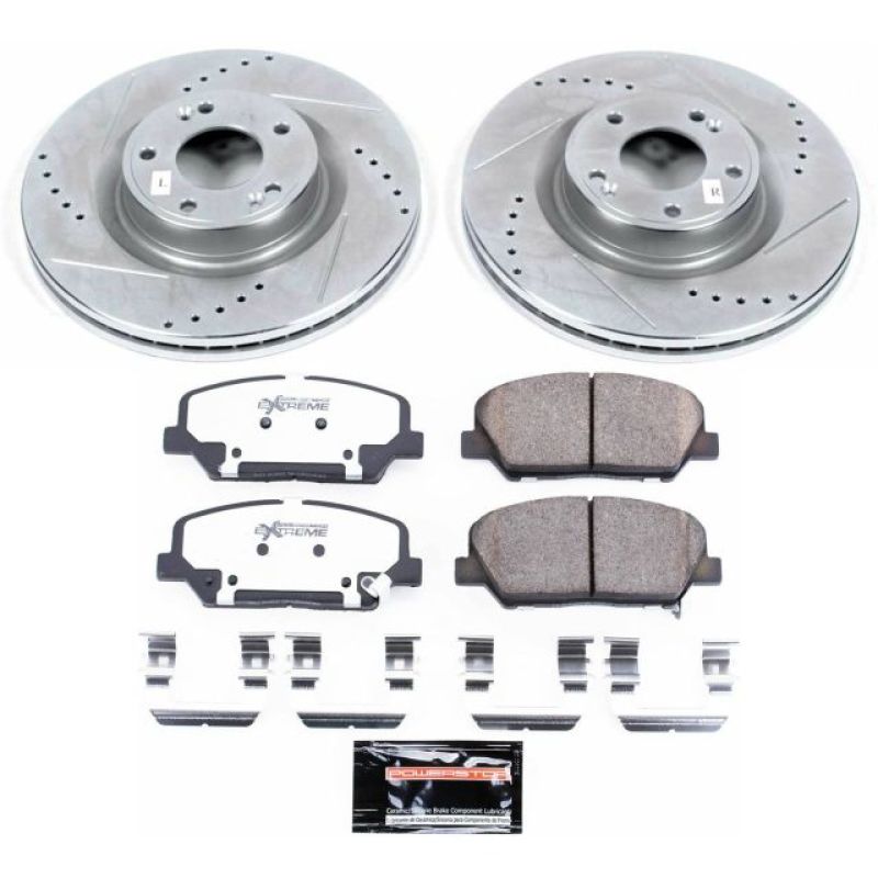 Hyundai Genesis Coupe Brake Kit - Front - PowerStop - Z26 Street Warrior, Drilled & Slotted Rotors + Carbon-Fiber Ceramic Pads - `10-`16