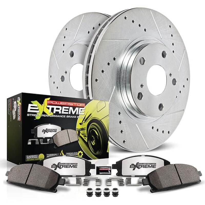 Ford Mustang Mach-E Brake Kit - Front - PowerStop - Drilled & Slotted Rotors + Carbon-Fiber Ceramic Pads - `21-`23 Ford Mustang Mach-E Brake Kit - Front - PowerStop - Drilled & Slotted Rotors + Carbon-Fiber Ceramic Pads - `21-`23