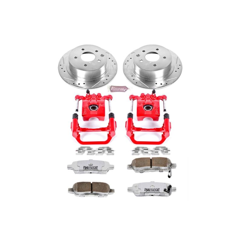 Nissan Altima Brake Kit - Rear - PowerStop - Drilled & Slotted Rotors + Carbon-Fiber Ceramic Pads + Powder Coated Calipers - Red - `02-`06