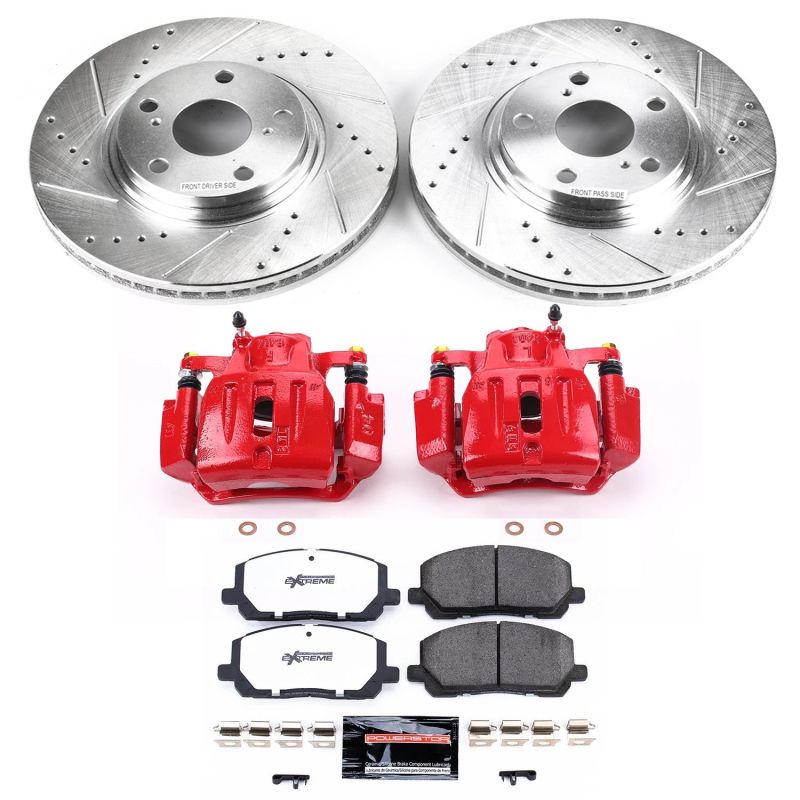Toyota Highlander Brake Kit - Front - PowerStop - Drilled & Slotted Rotors + Carbon-Fiber Ceramic Pads + Powder Coated Calipers - Red - `01-`07