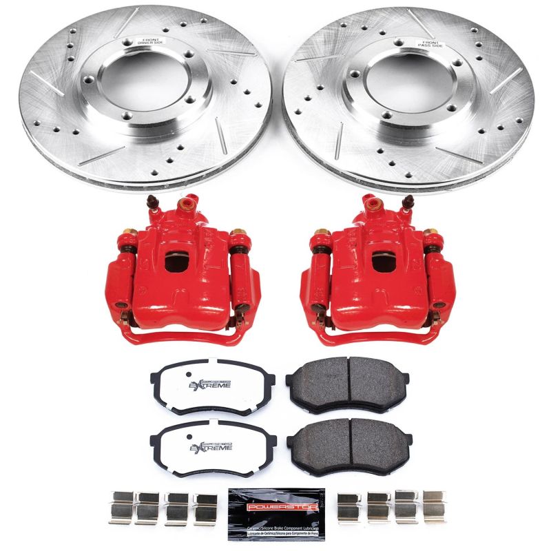 Toyota Tacoma Brake Kit - Front - PowerStop - Drilled & Slotted Rotors + Carbon-Fiber Ceramic Pads + Powder Coated Calipers - `95-`04