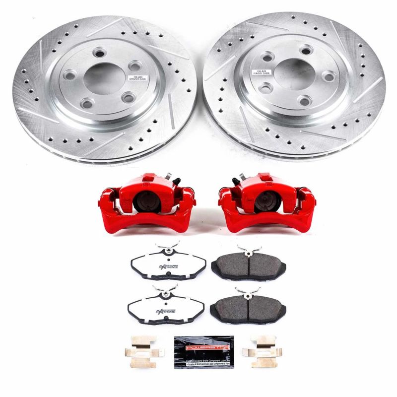 Ford Thunderbird Brake Kit - Rear - PowerStop - Drilled & Slotted Rotors + Carbon-Fiber Ceramic Pads + Powder Coated Calipers - Red - `02-`05
