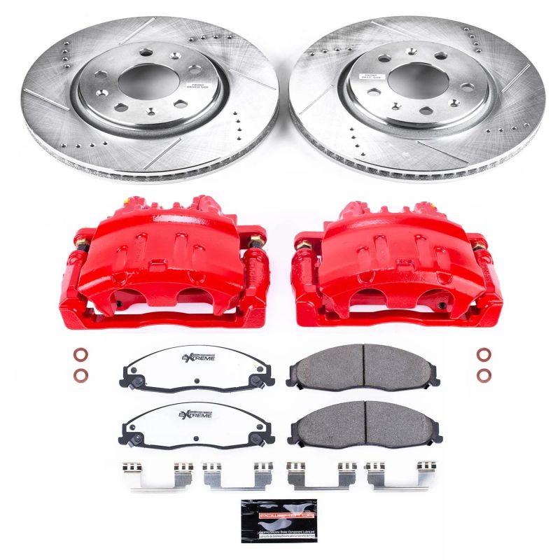 Cadillac CTS Brake Kit - Front - PowerStop - Drilled & Slotted Rotors + Carbon-Fiber Ceramic Pads + Powder Coated Calipers - Red - `03-`05