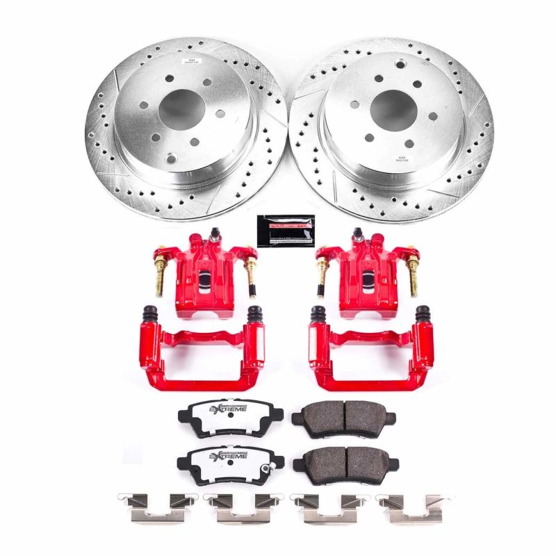 Nissan Pathfinder Brake Kit - Rear - PowerStop - Drilled & Slotted Rotors + Carbon-Fiber Ceramic Pads + Powder Coated Calipers - Red - `05-`12