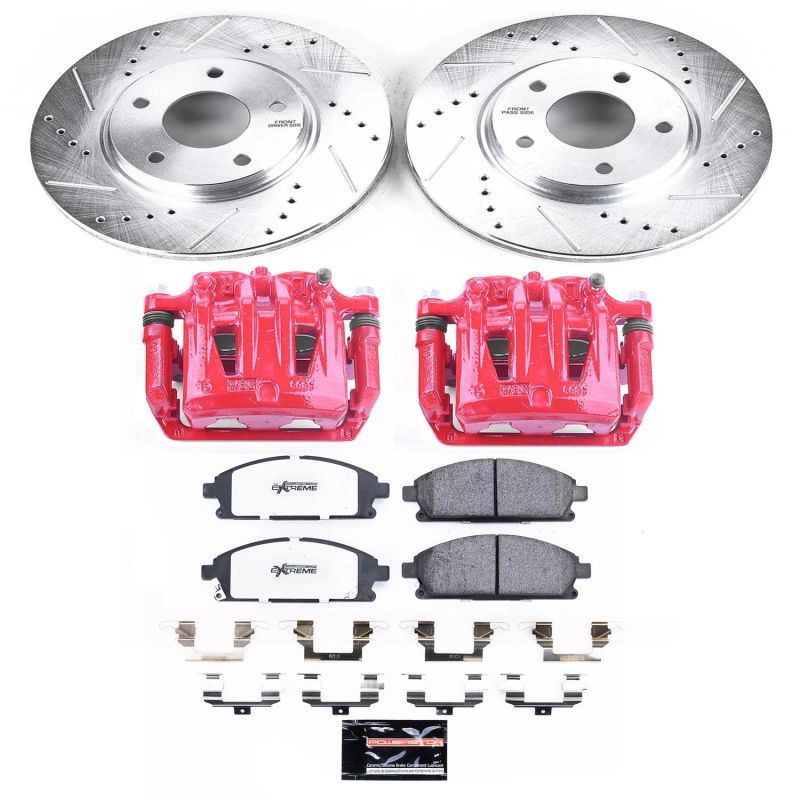 Nissan Quest Brake Kit - Front - PowerStop - Drilled & Slotted Rotors + Carbon-Fiber Ceramic Pads + Pulver Coated Calipers - Red Powder Coated - `04-`09