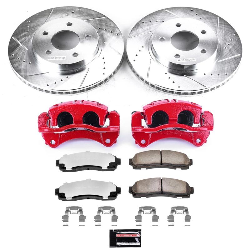 Chevrolet Equinox Brake Kit - Front - PowerStop - Drilled & Slotted Rotors + Carbon-Fiber Ceramic Pads + Powder Coated Calipers - Red - `05-`06