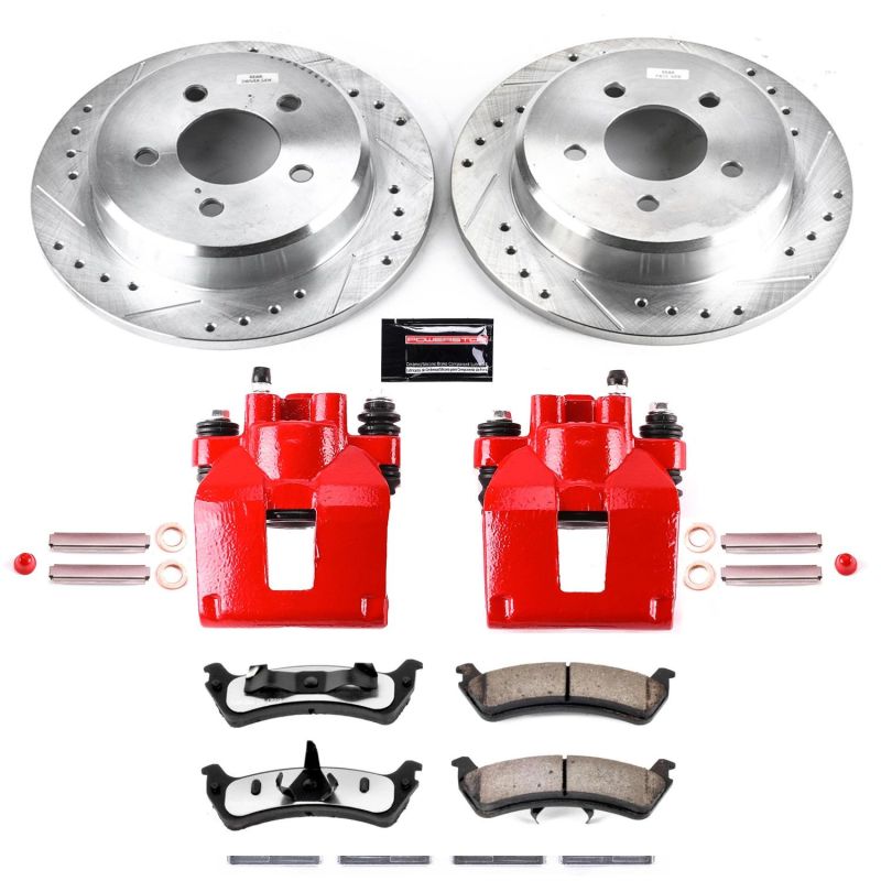 Ford Explorer Brake Kit - Rear - PowerStop - Drilled & Slotted Rotors + Carbon-Fiber Ceramic Pads + Powder Coated Calipers - Red - `95-`01