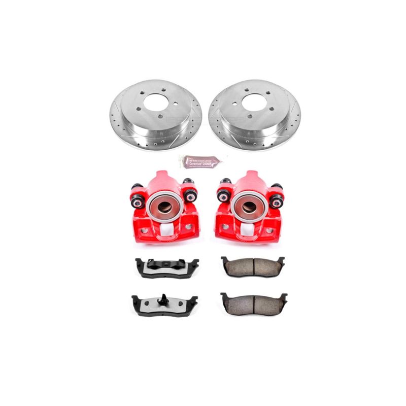 Ford Expedition Brake Kit - Rear - PowerStop - Drilled & Slotted Rotors + Carbon-Fiber Ceramic Pads + Powder Coated Calipers - Red - `00-`02