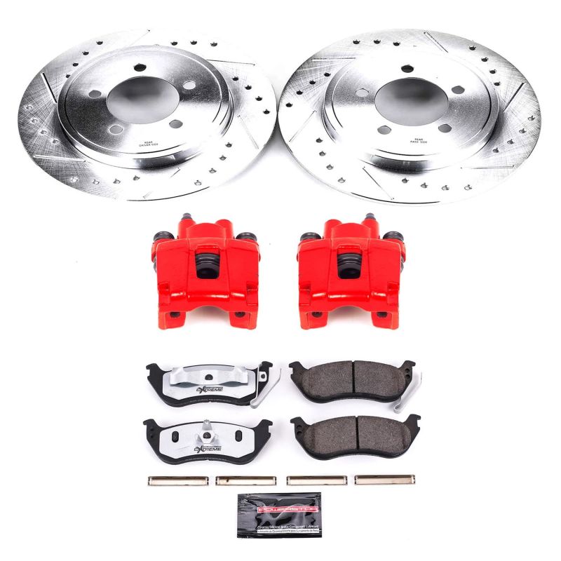 Ford Explorer Brake Kit - Rear - PowerStop - Drilled & Slotted Rotors + Carbon-Fiber Ceramic Pads + Powder Coated Calipers - Red - `06-`10