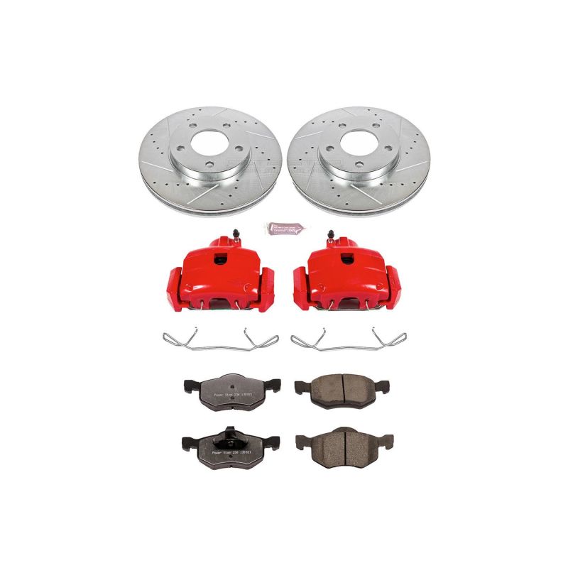 Ford Escape Brake Kit - Front - PowerStop - Z36 Truck & Tow - Drilled & Slotted Rotors + Carbon-Fiber Ceramic Pads + Powder Coated Calipers - Red - `01-`07