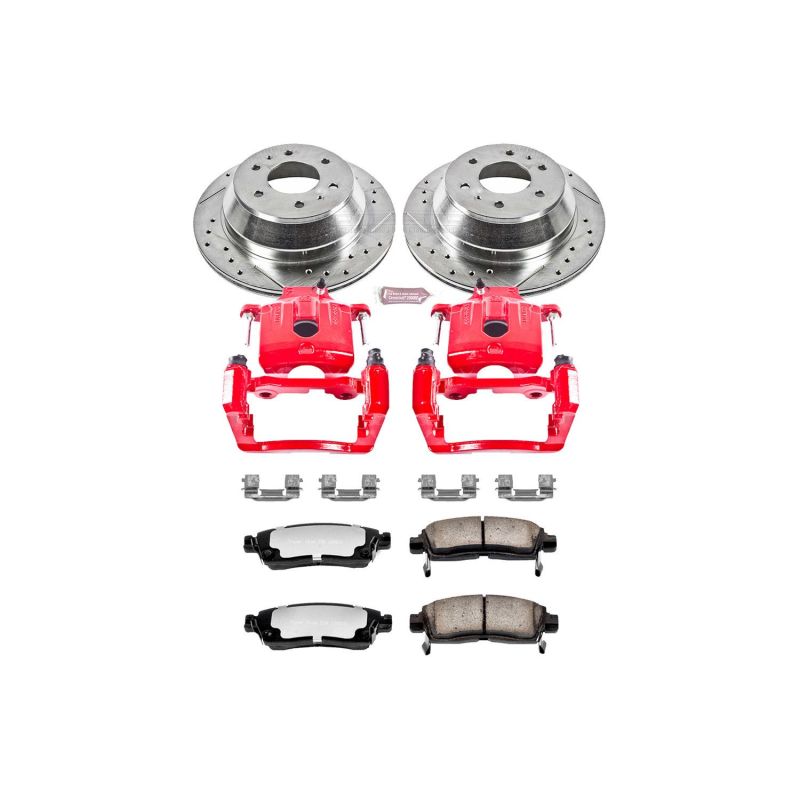 Buick Rainier Brake Kit - Rear - PowerStop - Drilled & Slotted Rotors + Carbon-Fiber Ceramic Pads + Powder Coated Calipers - Red - `04-`07