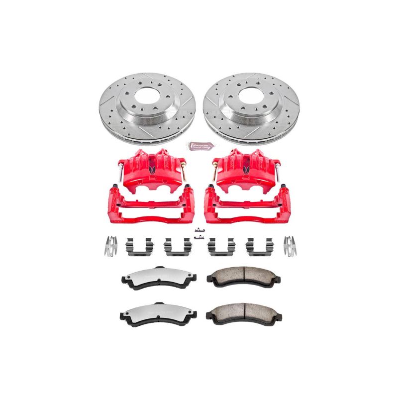 Buick Rainier Brake Kit - Front - PowerStop - Drilled & Slotted Rotors + Z36 Carbon-Fiber Ceramic Pads + Powder Coated Calipers - Red - `04-`05
