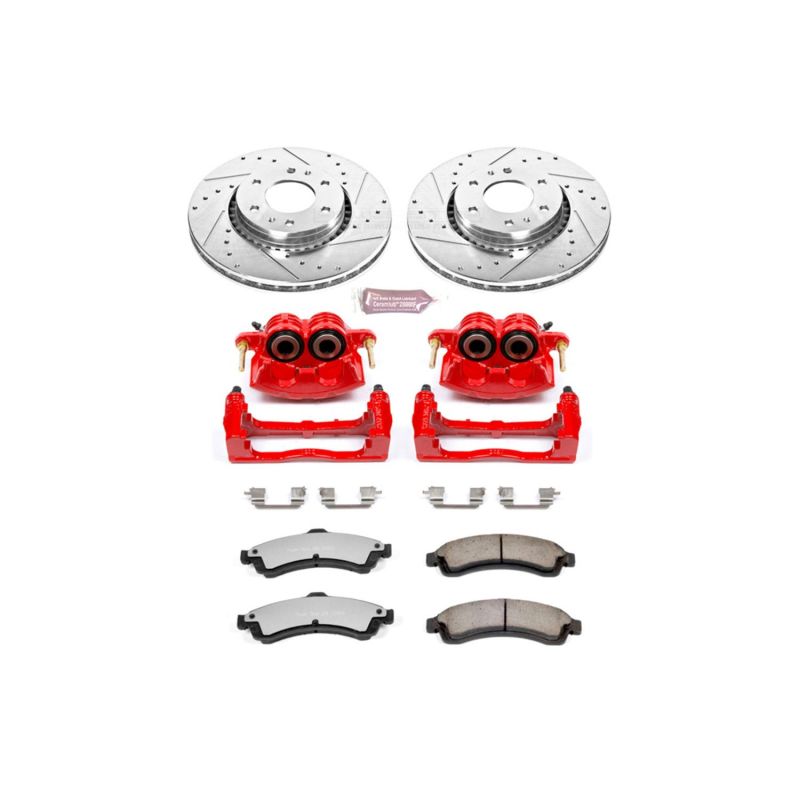 Buick Rainier Brake Kit - Front - PowerStop - Drilled & Slotted Rotors + Carbon-Fiber Ceramic Pads + Powder Coated Calipers - Red - `04-`05