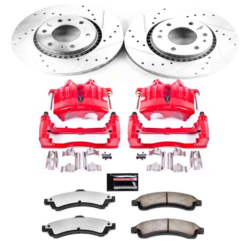 Saab 9-7x Brake Kit - Front - PowerStop - Drilled & Slotted Rotors + Carbon-Fiber Ceramic Pads + Powder Coated Calipers - Red - 2005