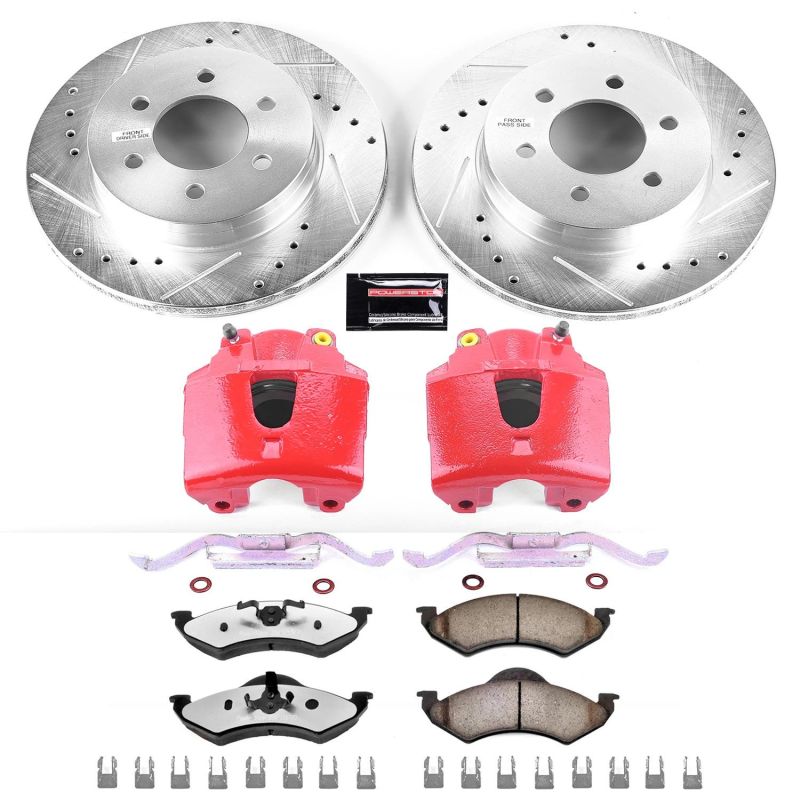 Dodge Dakota Brake Kit - Front - PowerStop - Drilled & Slotted Rotors + Carbon-Fiber Ceramic Pads + Powder Coated Calipers - Red - `00-`02