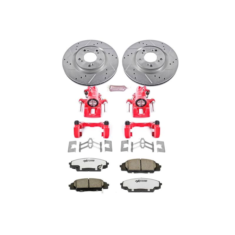 Honda S2000 Brake Kit - Front - PowerStop - Z26 Street Warrior + Drilled & Slotted Rotors + Carbon-Fiber Ceramic Pads + Powder Coated Calipers - Red - `00-`09