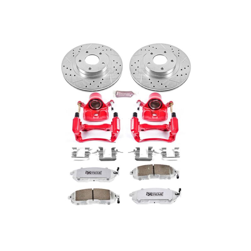 Infiniti I35 Brake Kit - Front - PowerStop - Drilled & Slotted Rotors + Carbon-Fiber Ceramic Pads + Powder Coated Calipers - Red - `02-`04