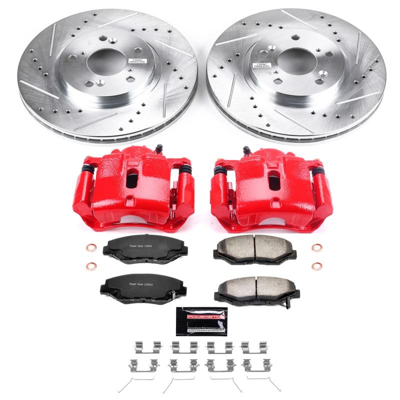 Honda Pilot Brake Kit - Front - PowerStop - Drilled & Slotted Rotors + Carbon-Fiber Ceramic Pads + Powder Coated Calipers - Red - `03-`08